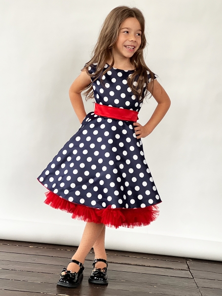 Платье для девочки нарядное БУШОН ST10, стиляги цвет темно-синий, красный пояс, принт горошек - Платья СТИЛЯГИ