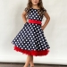 Платье для девочки нарядное БУШОН ST10, стиляги цвет темно-синий, красный пояс, принт горошек