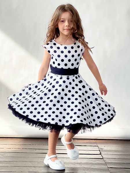 Платье для девочки нарядное БУШОН ST10, стиляги цвет белый, темно-синий пояс, принт темно-синий горошек - Платья СТИЛЯГИ