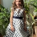 Платье для девочки нарядное БУШОН ST10, стиляги цвет белый, темно-синий пояс, принт темно-синий горошек