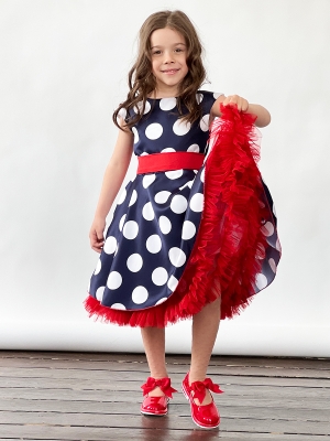 Платье для девочки нарядное БУШОН ST20, стиляги цвет темно-синий, красный пояс, принт белый горох