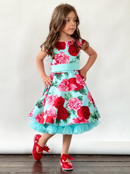 Платье для девочки нарядное БУШОН ST30, стиляги цвет бирюза/т-красный, принт цветы - Платья СТИЛЯГИ