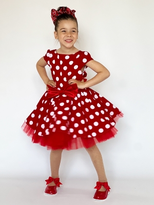 Платье для девочки нарядное БУШОН ST44, стиляги, цвет красный, принт горошек