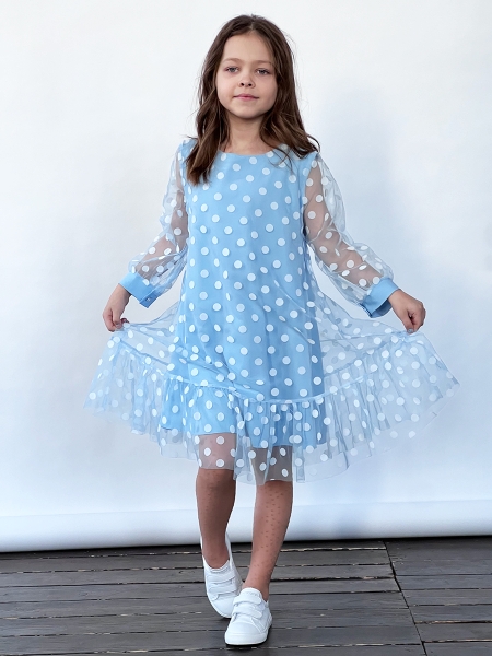 Платье для девочки нарядное БУШОН ST53, цвет голубой/белый горох - Платья коктельные / вечерние