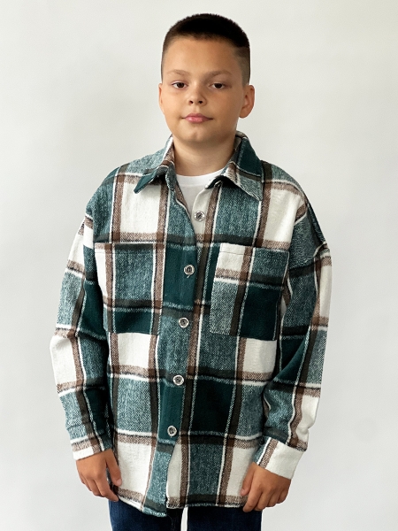 Рубашка для мальчика байковая БУШОН, цвет коричневый/изумрудный/белый клетка - Рубашки с длинным рукавом