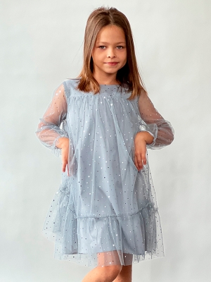 Платье для девочки нарядное БУШОН ST53, цвет серо-голубой/блестки