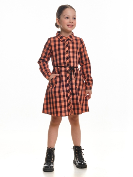 Платье для девочек Mini Maxi, модель 4060, цвет оранжевый/клетка - Платья для девочек с длинным рукавом