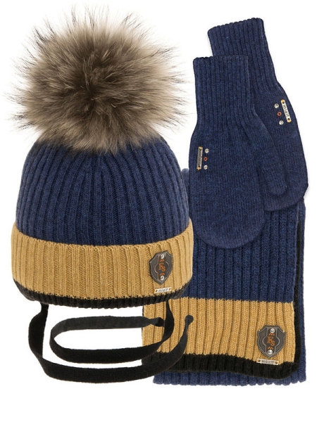 Комплект для мальчика Снайпер комплект, Миалт синий/меланж/горчичный, зима - Комплекты: шапка и шарф