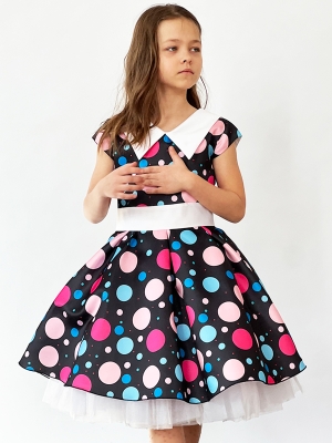 Платье для девочки нарядное БУШОН ST37, стиляги цвет черный/малиновый/желтый белый воротник