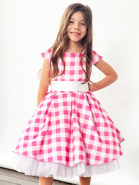 Платье для девочки нарядное БУШОН ST37, стиляги цвет светло-розовый/белый принт клетка - Платья СТИЛЯГИ