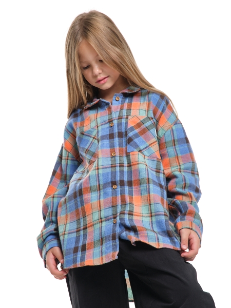 Рубашка для девочек Mini Maxi, модель 7998, цвет оранжевый/голубой/клетка - Рубашки для девочек
