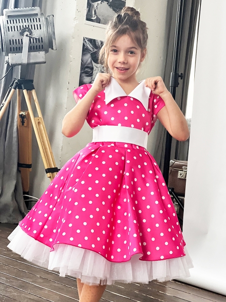 Платье для девочки нарядное БУШОН ST20, стиляги цвет розовый, принт белый горох - Платья СТИЛЯГИ