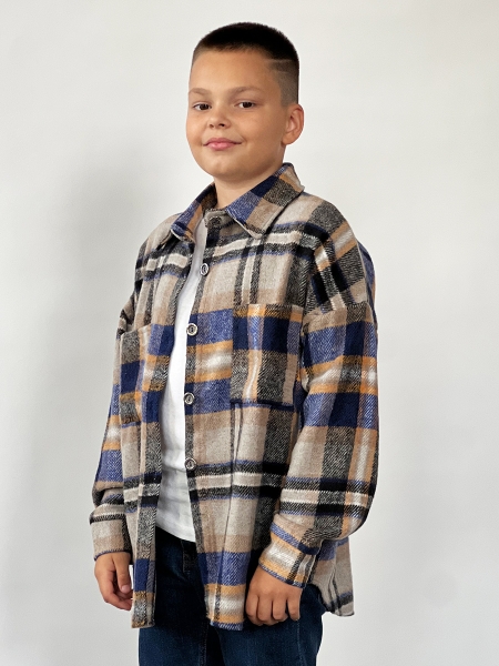 Рубашка для мальчика байковая БУШОН, цвет коричневый/синий/серый клетка - Рубашки с длинным рукавом