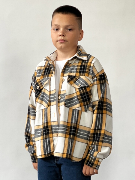 Рубашка для мальчика байковая БУШОН, цвет коричневый/серый/бежевый клетка - Рубашки с длинным рукавом