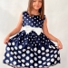 Платье для девочки нарядное БУШОН ST11, цвет темно-синий, белый пояс, принт белый горошек