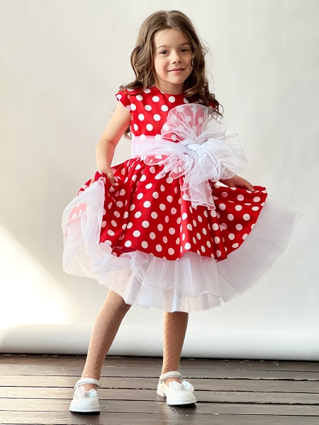 Платье для девочки праздничное БУШОН ST70, цвет красный/белый принт горох - Платья праздничные / нарядные