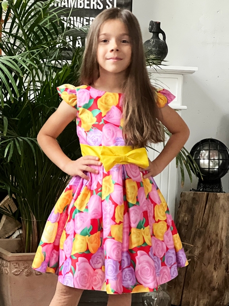 Платье для девочки нарядное БУШОН ST35, стиляги цвет розовый/желтый пояс желтый, принт цветы - Платья СТИЛЯГИ