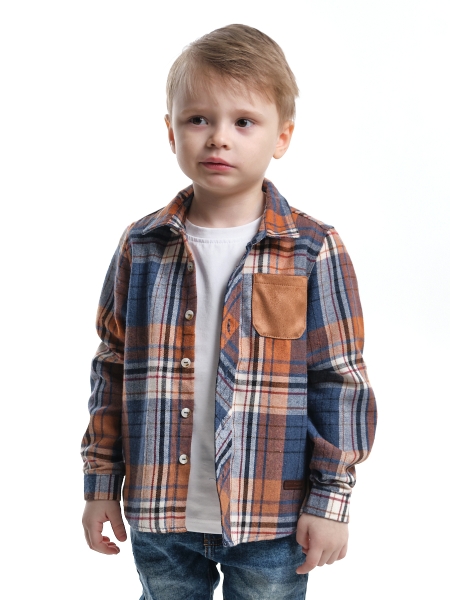 Рубашка для мальчиков Mini Maxi, модель 6845, цвет синий/оранжевый/клетка - Рубашки с длинным рукавом