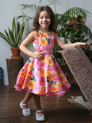 Платье для девочки нарядное БУШОН ST30, стиляги цвет розовый/желтый пояс розовый, принт цветы