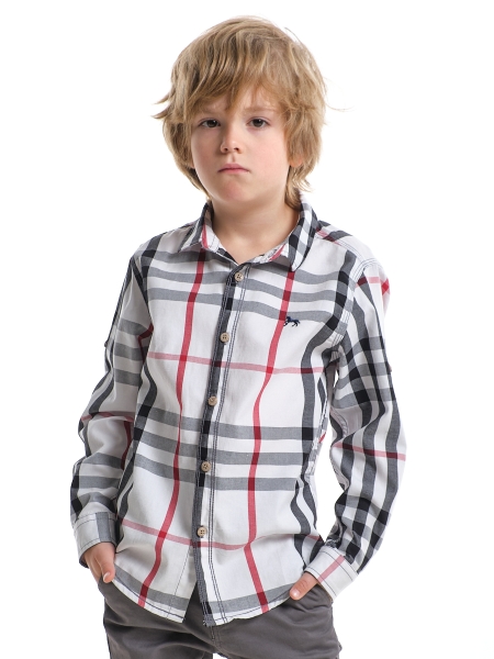 Рубашка для мальчиков Mini Maxi, модель 33kh176a, цвет серый/белый/клетка - Рубашки с длинным рукавом