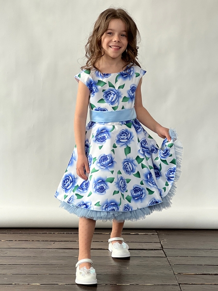 Платье для девочки нарядное БУШОН ST30, стиляги, цвет голубой цветы - Платья СТИЛЯГИ