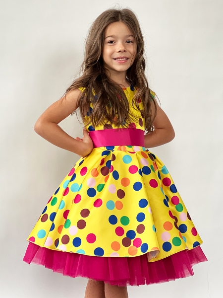 Платье для девочки нарядное БУШОН ST10, стиляги цвет желтый, малиновый пояс, принт горошек - Платья СТИЛЯГИ