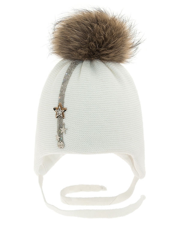 Шапка для девочки Генриетта, Миалт белый, зима - Шапки с меховым помпоном