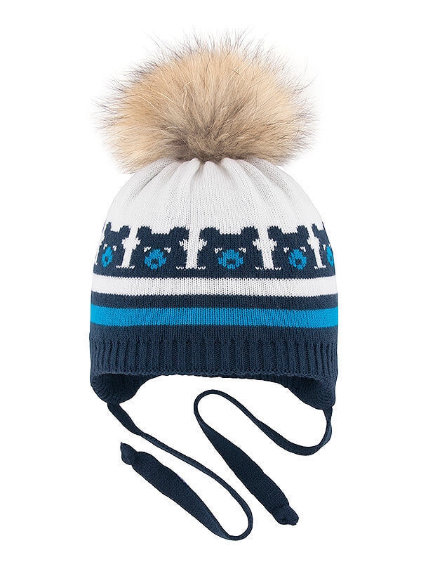 Шапка для мальчика 33 медведя, Миалт темно-синий/ярко-бирюзовый - С меховым помпоном