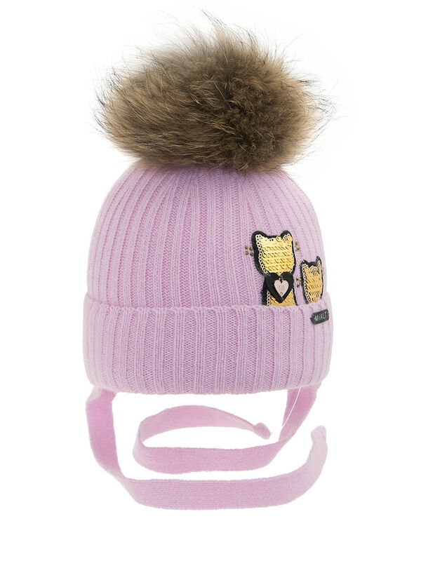 Шапка для девочки Ночевка, Миалт сиренево-розовый, зима - Шапки с меховым помпоном