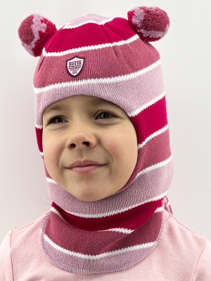 Шапка-шлем для девочки зима, скб малина+лиловый+т.розовый помпон