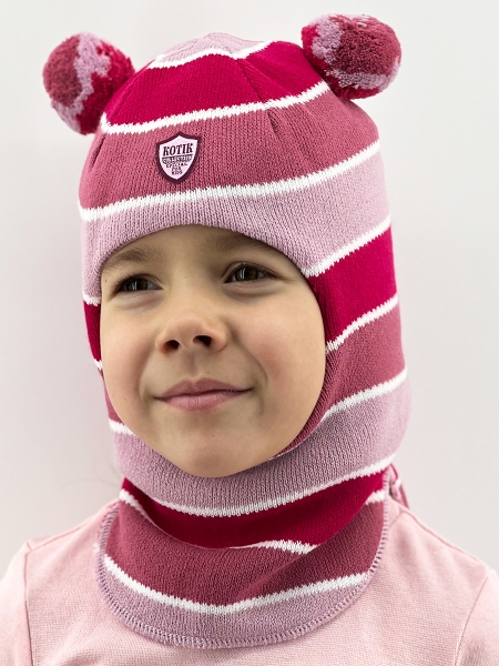 Шапка-шлем для девочки зима, скб малина+лиловый+т.розовый помпон - Шапки-шлемы зима-осень