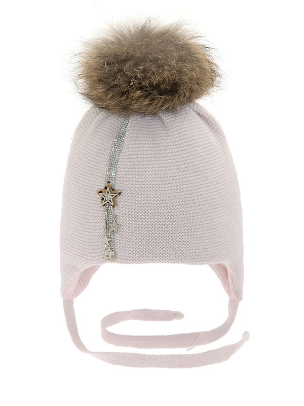 Шапка для девочки Генриетта, Миалт пудровый - Шапки с меховым помпоном