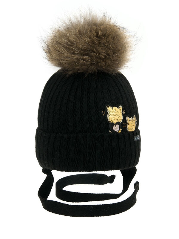 Шапка для девочки Ночевка, Миалт черный, зима - Шапки с меховым помпоном