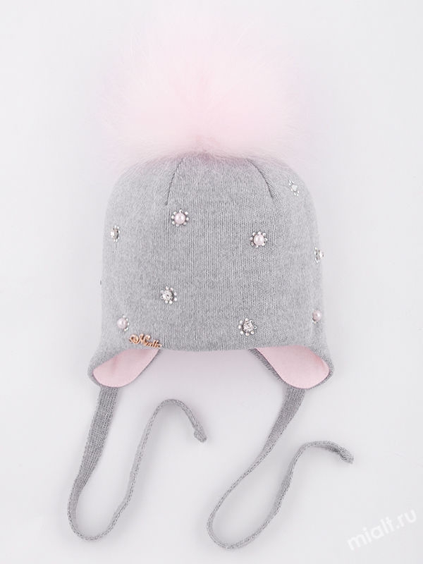 Шапка для девочки Лола, Миалт серый, зима - Шапки с меховым помпоном