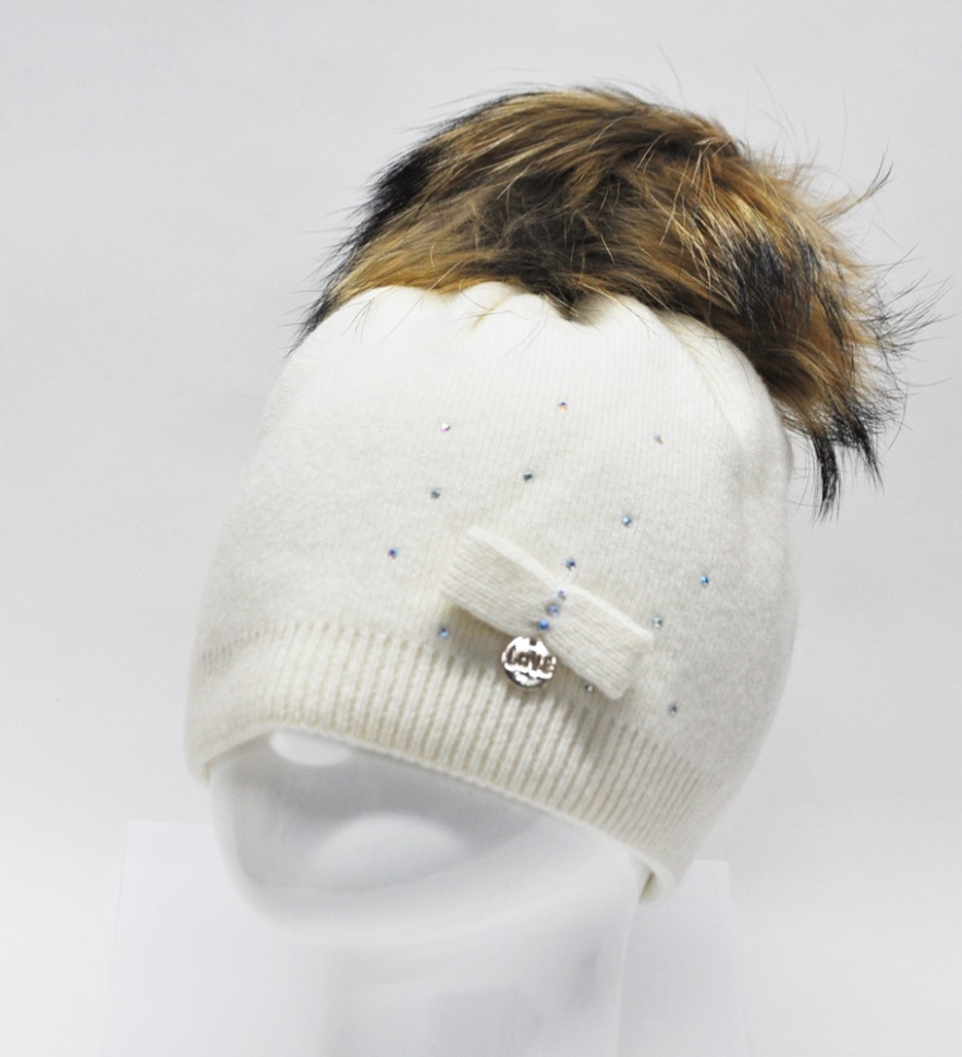 Шапка для девочки Буше, Миалт белый - Шапки с меховым помпоном