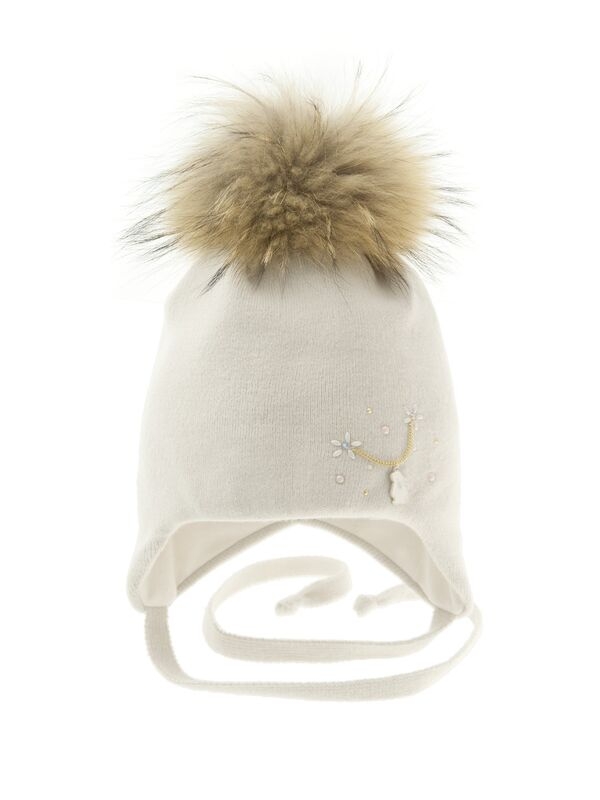 Шапка для девочки Крольчонок, Миалт светло-бежевый, зима - Шапки с меховым помпоном