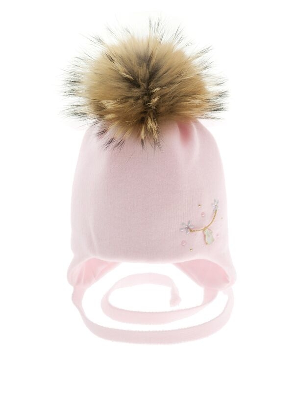 Шапка для девочки Крольчонок, Миалт бледно-розовый, зима - Шапки с меховым помпоном