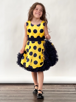 Платье для девочки нарядное БУШОН ST20, стиляги цвет желтый, синий пояс, принт синий горох