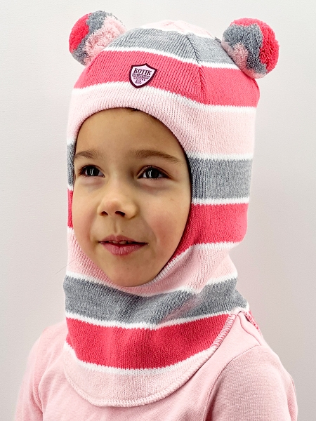 Шапка-шлем для девочки зима, скб розовый+св.серый+коралл - Шапки-шлемы зима-осень