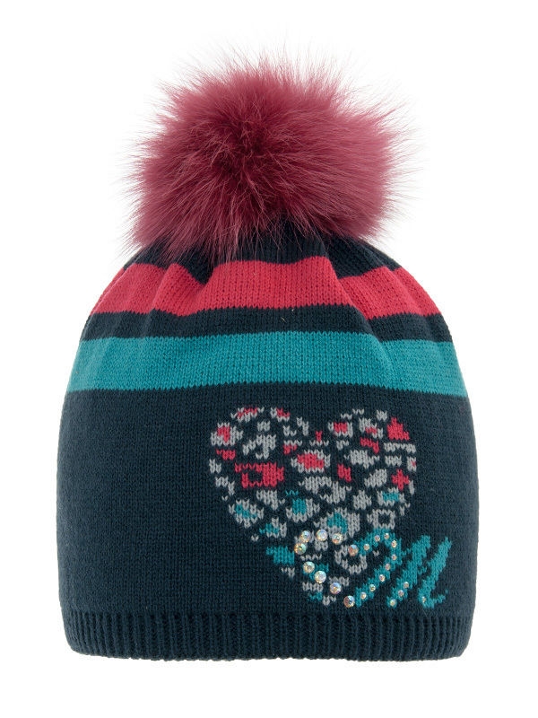 Шапка для девочки Mambo, Миалт темно-синий/бирюза - Шапки с меховым помпоном