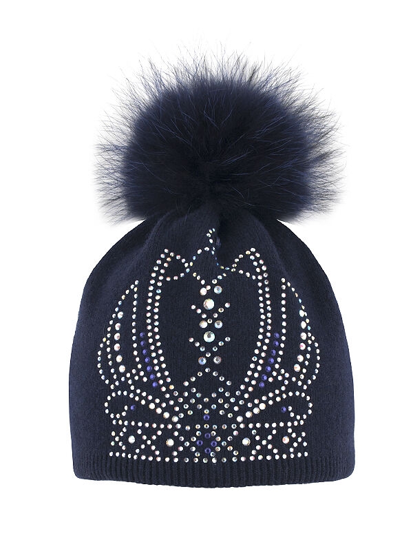 Шапка для девочки Её Величество, Миалт темно-синий, зима - Шапки с меховым помпоном