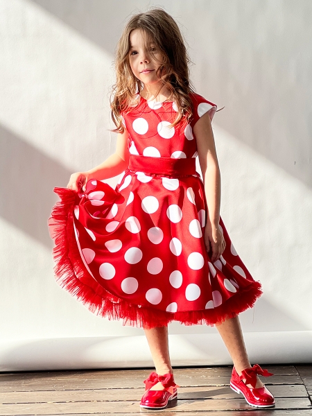 Платье для девочки нарядное БУШОН ST20, стиляги цвет красный, красный пояс, принт белый горох - Платья СТИЛЯГИ
