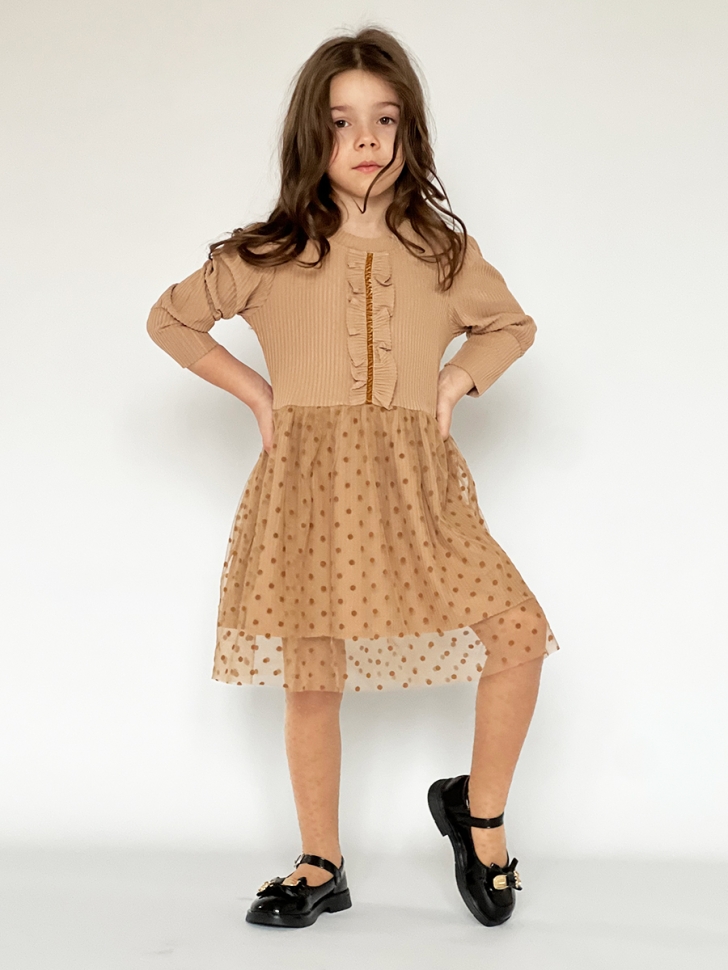 Платье для девочки нарядное БУШОН ST50, цвет коричневый, бант, горошек/однотонный - Платья коктельные / вечерние