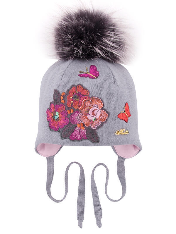 Шапка для девочки Мартина-kids, Миалт бледно-серый, зима - Шапки с меховым помпоном