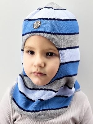 Шапка-шлем для мальчика зима, скб голубой+яр.голубой+св.серый