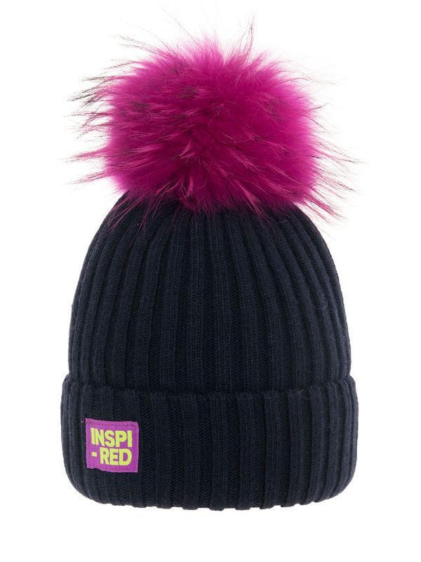 Шапка для девочки Inspired, Миалт темно-синий, зима - Шапки с меховым помпоном