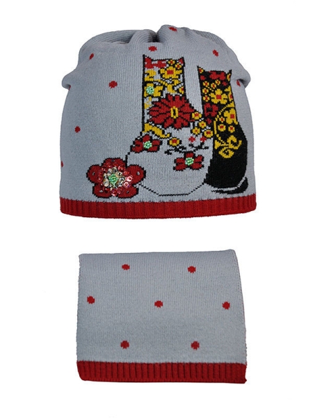 Комплект для девочки Мода, Миалт красный/серый - Комплект: шапочки и шарф