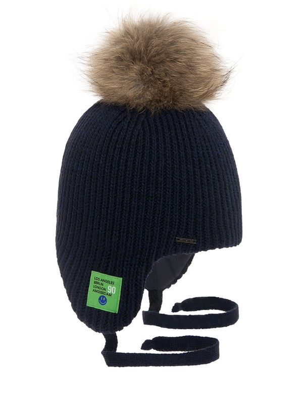 Шапка для мальчика Патриот, Миалт темно-синий, зима - С меховым помпоном
