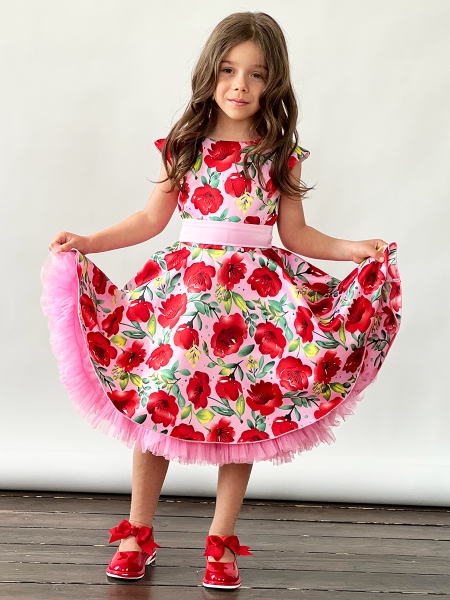Платье для девочки нарядное БУШОН ST30, стиляги цвет красный/розовый пояс розовый, принт цветы - Платья СТИЛЯГИ
