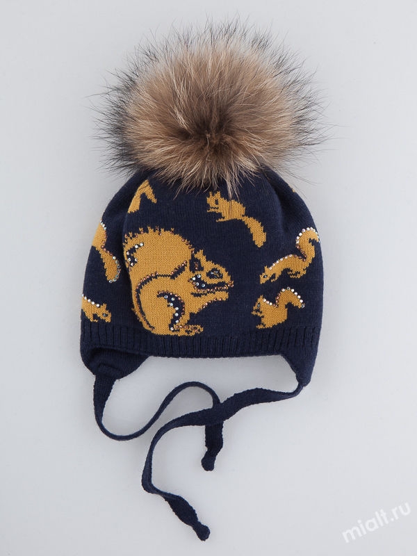 Шапка для девочки Белочка, Миалт синий/горчица, зима - Шапки с меховым помпоном